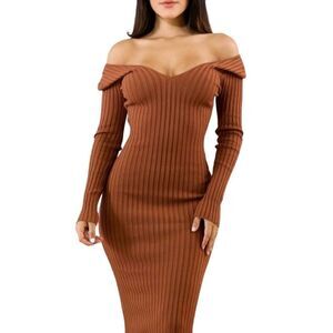 Hera Collection Off The Shoulder‎ Ribbed Rust Midi Bodycon Dress - M